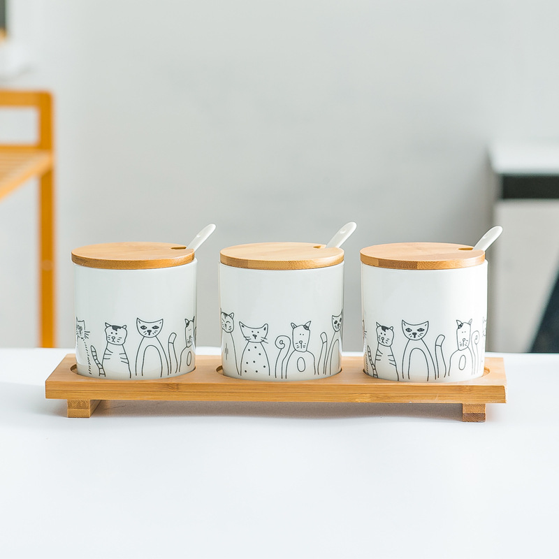 北歐風竹木調味罐三件套 創意陶瓷調料盒廚房用品