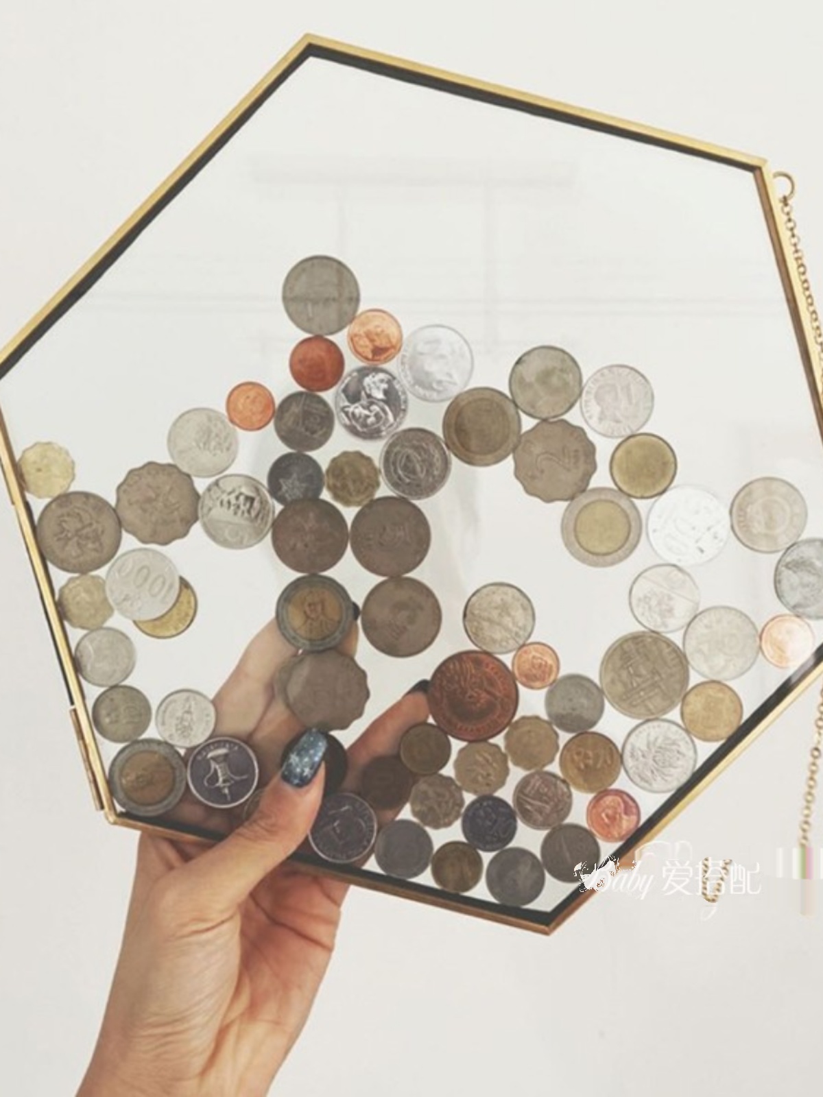 六邊形玻璃相框硬幣收藏儲蓄罐 銅金屬畫框裝飾擺設
