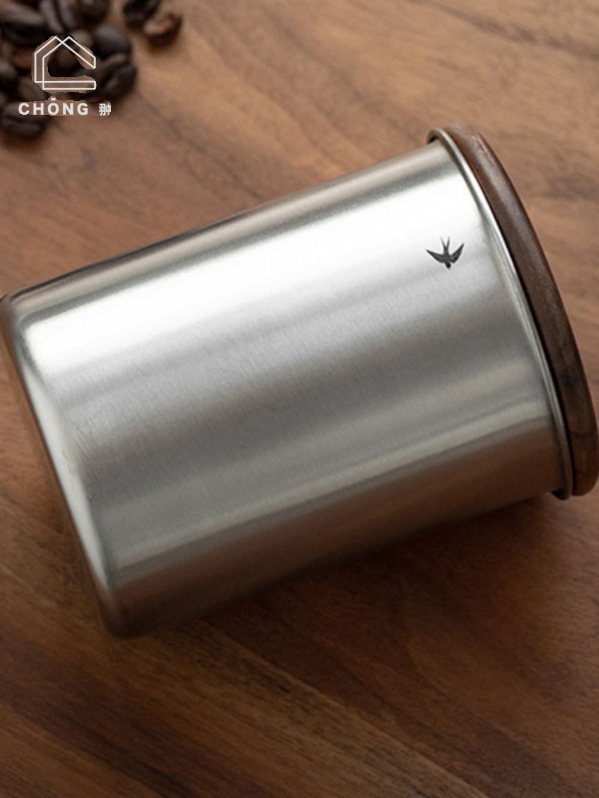 日式風格燕印咖啡罐收納盒黑胡桃木蓋食品級不鏽鋼密封罐方便攜帶廚房好幫手