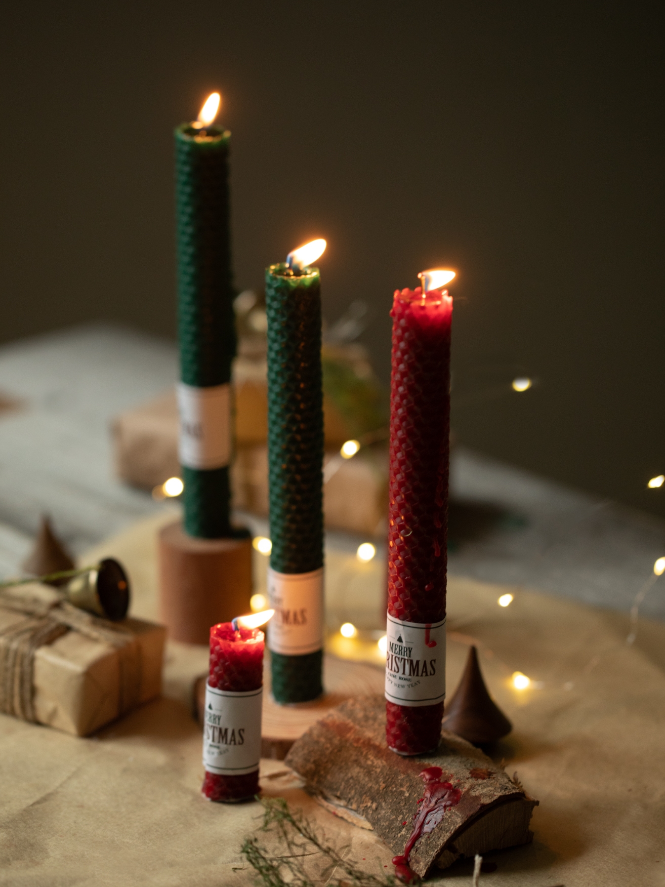聖誕蠟燭四枝裝手工蜂蠟蠟燭營造節日餐桌氣氛紅綠色雙色可選