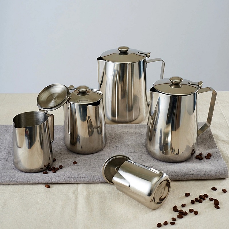 304不鏽鋼磨砂拉絲質感加厚帶蓋拉花杯咖啡壺奶缸容量選擇多樣