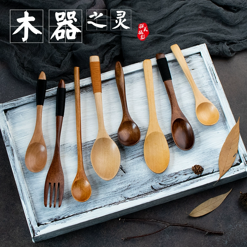 日式復古風美食木製長柄木勺菜品攝影道具