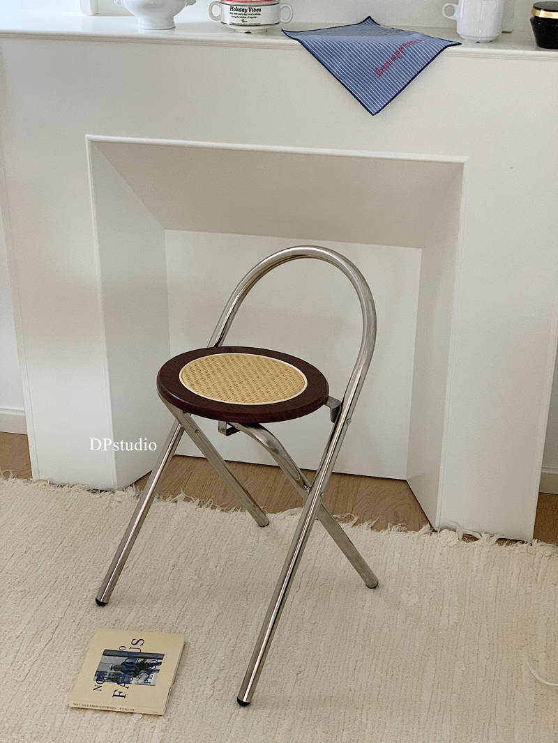韓式藤編折曡凳ins風可收納創意中古實木折曡椅成人法式小圓凳