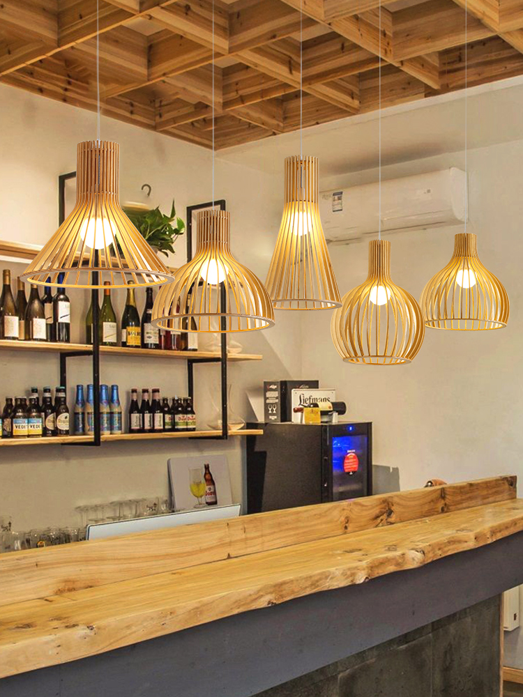 餐厛吊燈店鋪商用日式簡約現代裝飾北歐實木燈咖啡厛吧台牀頭燈具