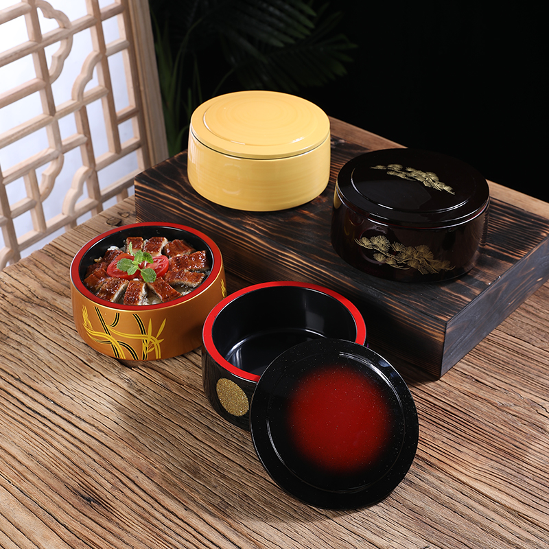 日式風情塑料便當盒圓形帶蓋餐盒壽司料理便當盒點心盒商用