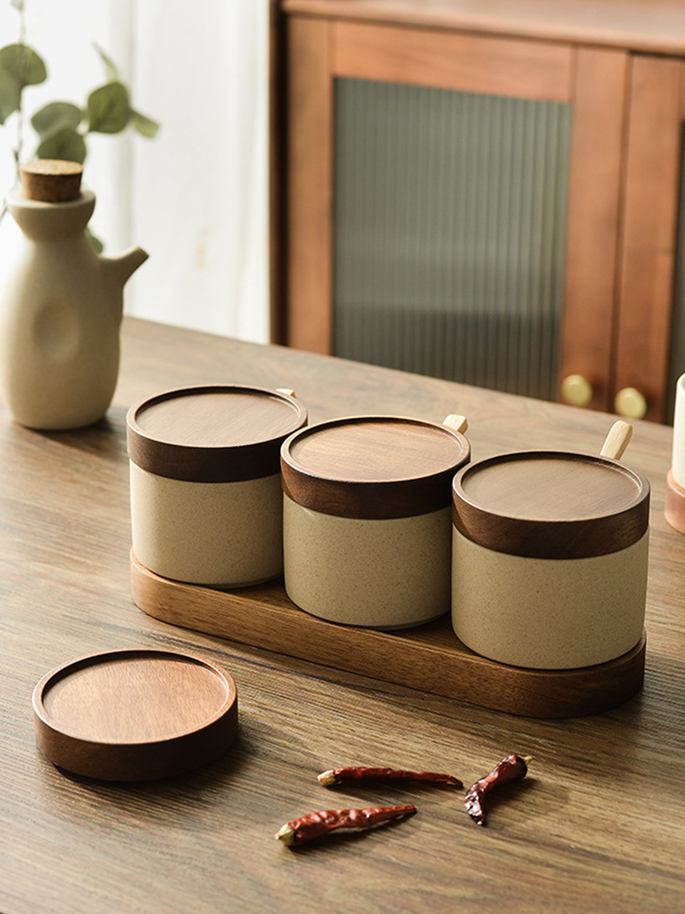 日式復古風格陶瓷調料罐家用糖罐鹽罐3件套裝廚房收納盒