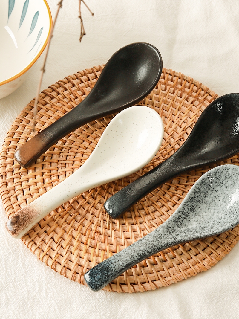 日式復古陶瓷湯勺 家用手工調羹 湯匙 餐具 長柄吃飯喝湯