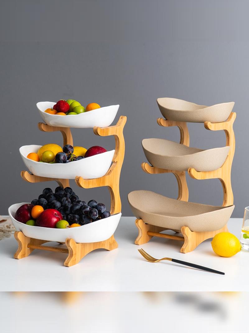 歐式塑料竹木架零食盤 創意三層多層水果盤糖果託盤果籃 (2.4折)
