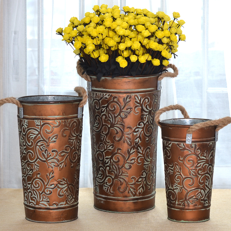 歐式鐵藝插花桶復古古銅色鐵皮花桶 酒店櫥窗裝飾桶