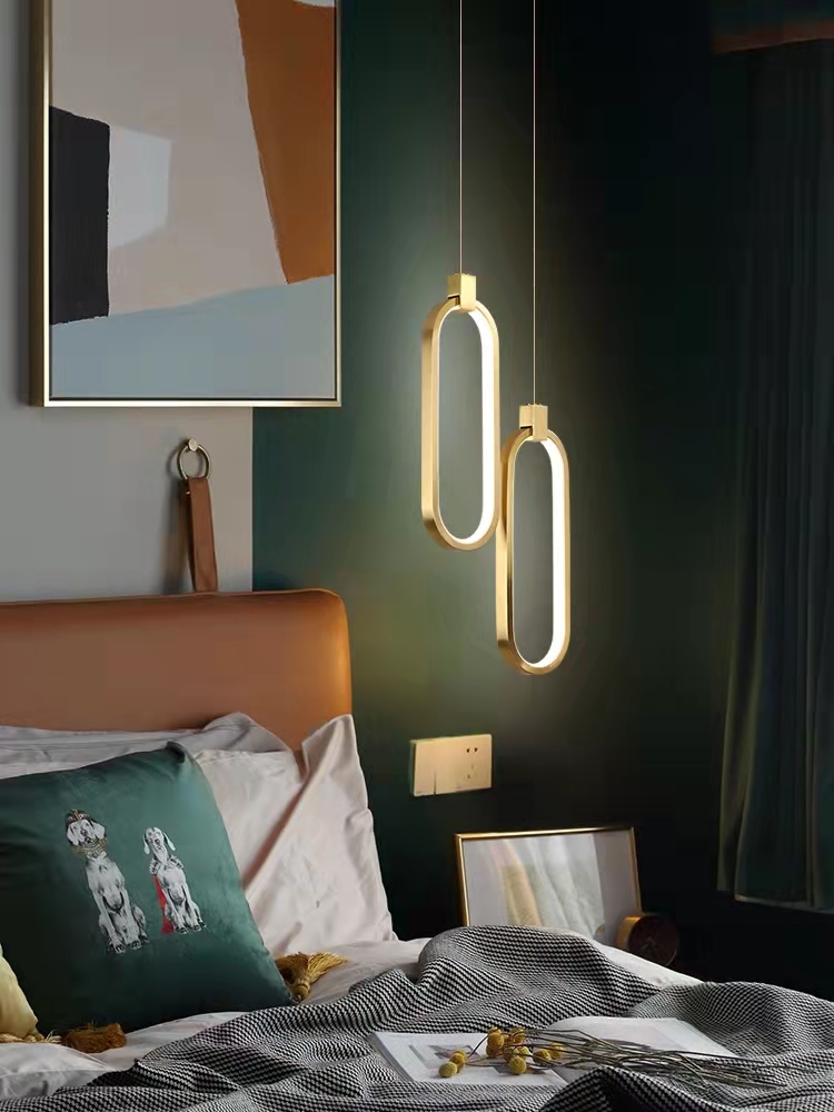現代簡約臥室床頭客廳背景牆燈具北歐網紅極簡全銅雙頭小吊燈