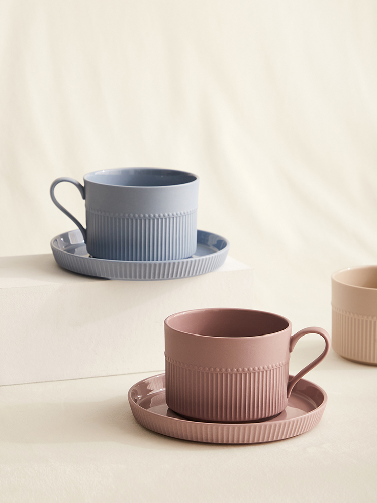 高檔精緻輕奢法式咖啡杯 豎紋陶瓷下午茶杯碟套裝 ins風北歐風格