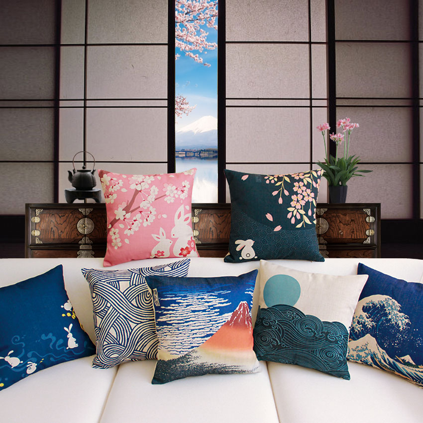 日式風情櫻花盛開棉麻抱枕裝點居家生活