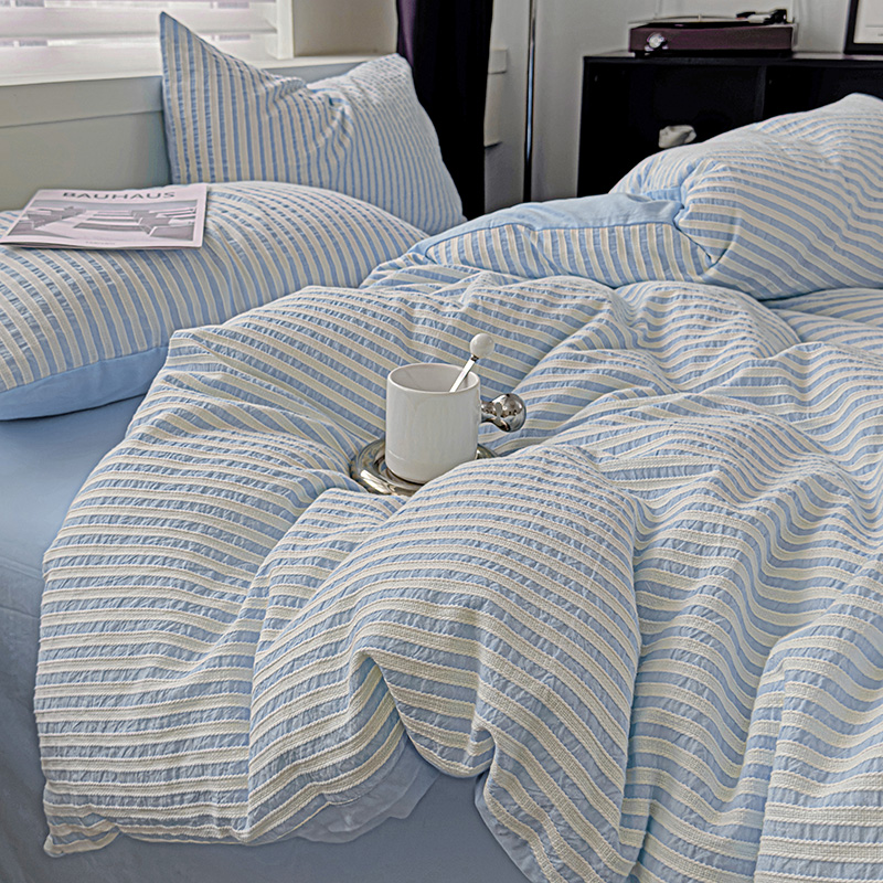 ins風條紋床單四件套舒適透氣休閒小清新風格適用於宿舍和家庭