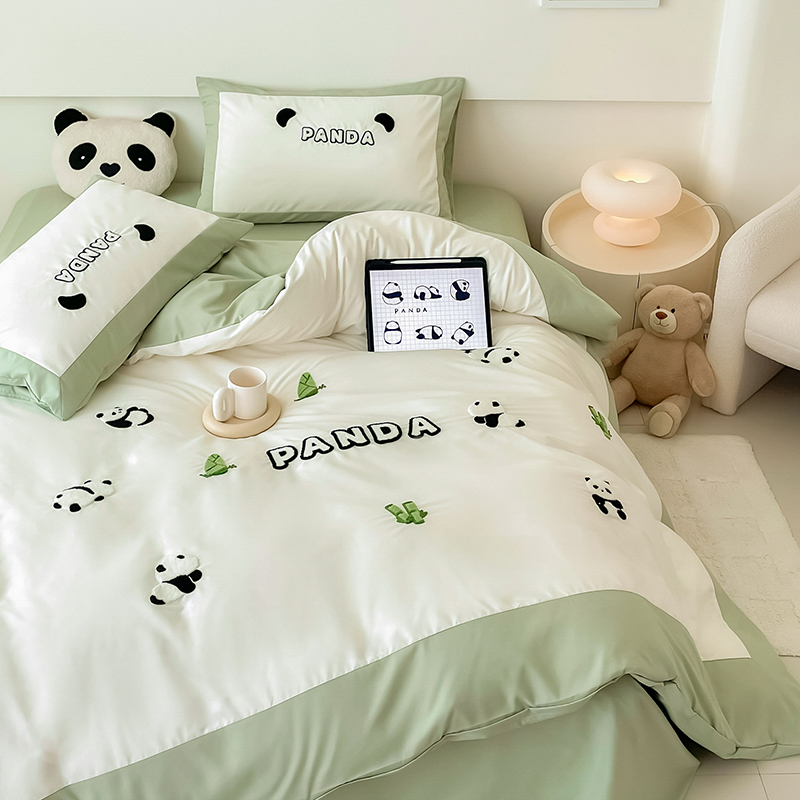可愛小熊貓刺繡四件套少女心宿舍床單被套三件套風格清新