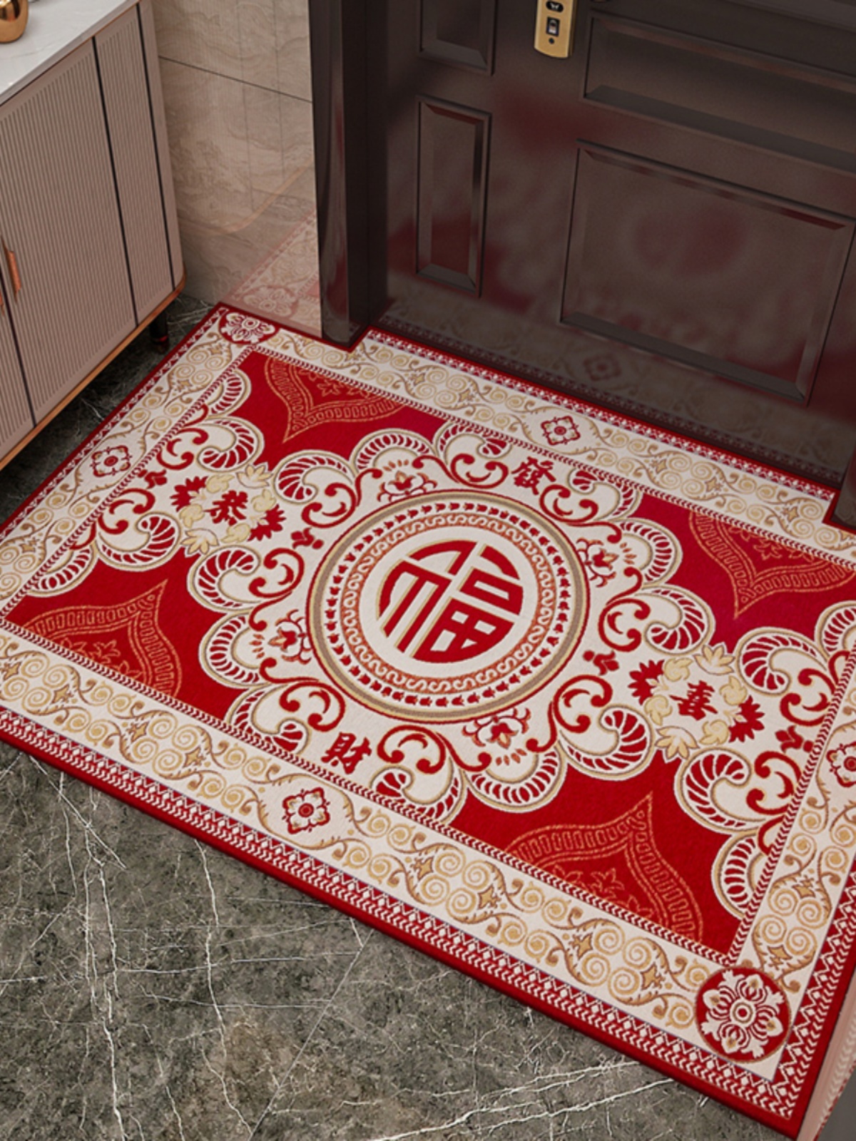 喜慶玄關地墊進門踩腳墊現代中式幾何圖案大門口紅地毯