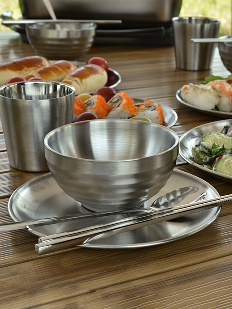 不鏽鋼戶外野餐餐具組 餐碗盤子水杯一應俱全 攜帶方便