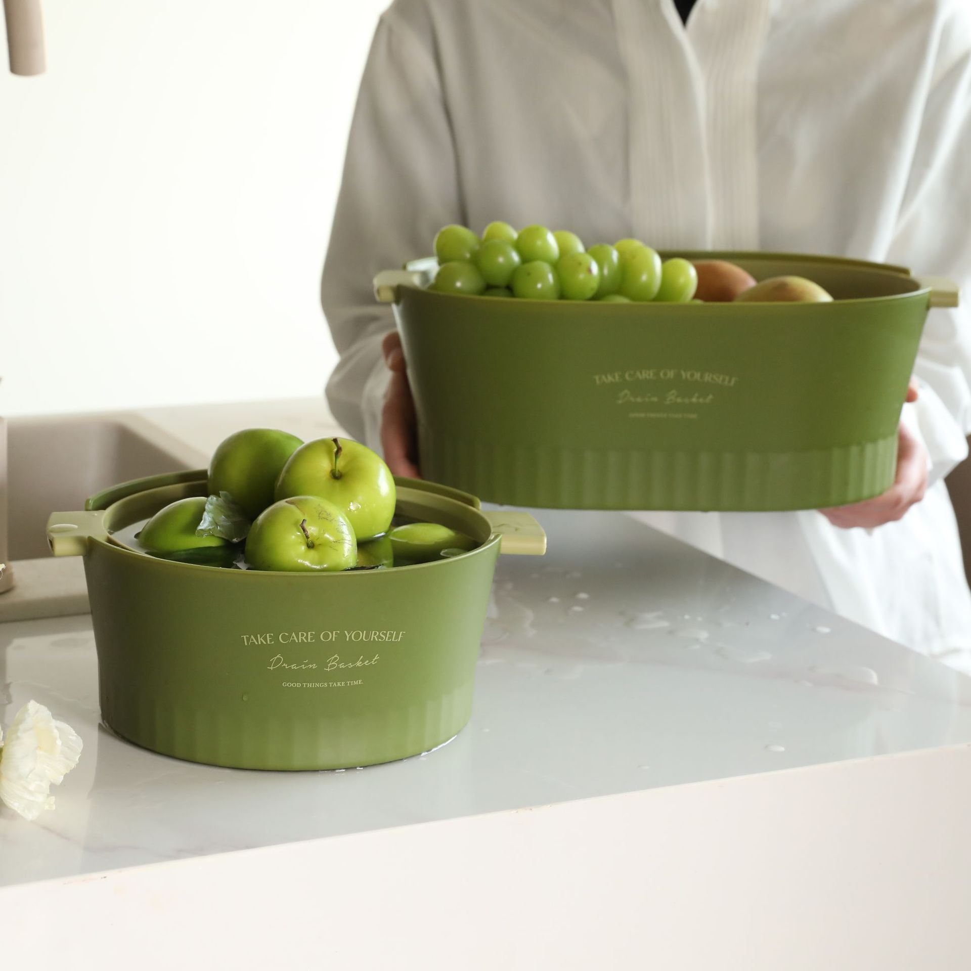 風格簡約其他材質廚房用單層抹茶綠小號瀝水籃