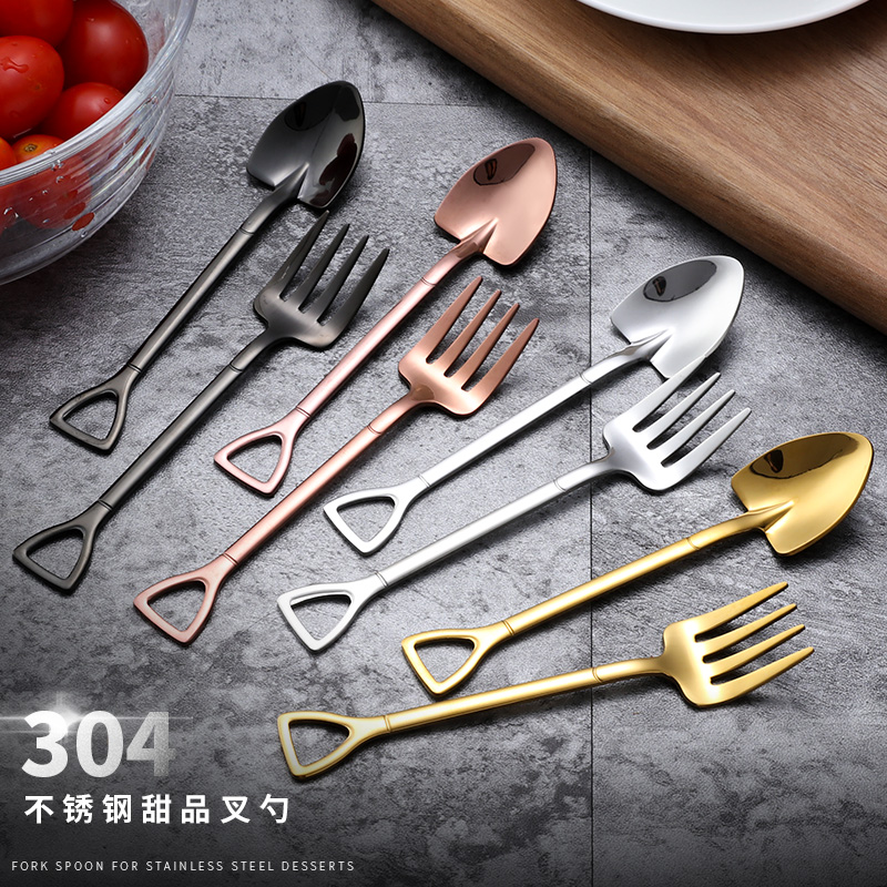 精緻創意304不鏽鋼咖啡勺水果叉套裝愛心工藝叉一體造型金色可愛高檔