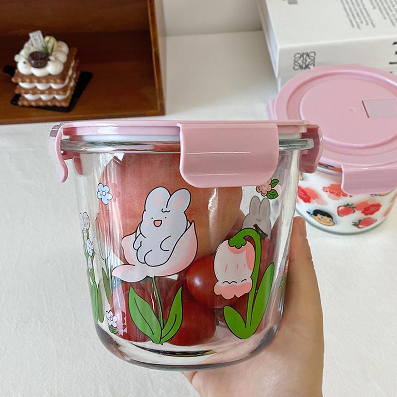中式風格玻璃微波爐加熱湯杯便當盒可愛小兔上班便攜密封保鮮盒