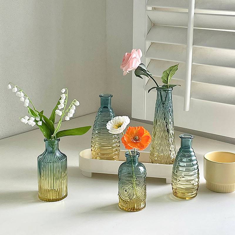 歐式復古風玻璃插花花瓶小口徑客廳乾燥花餐桌擺設 (8.3折)