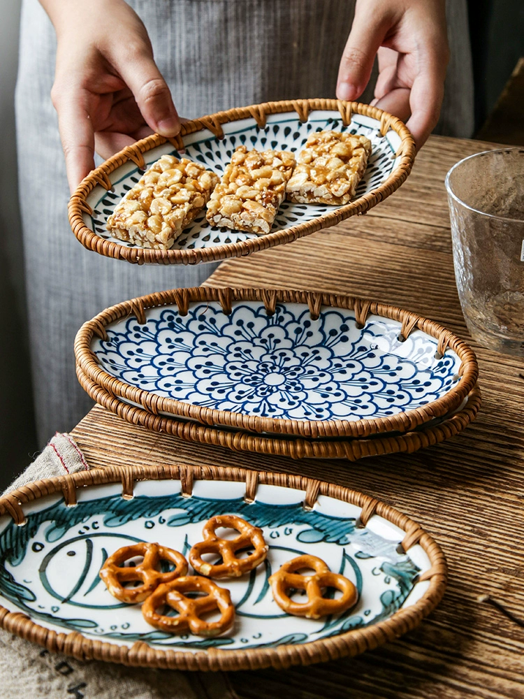日式藤編果籃 輕奢陶瓷點心盤家用客廳下午茶小吃盤