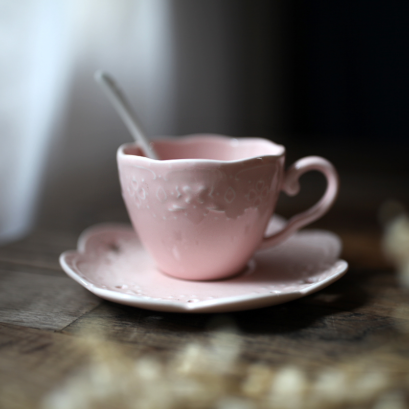 粉嫩歐式蕾絲花邊咖啡杯碟組陶瓷骨粉製作精緻復古風情