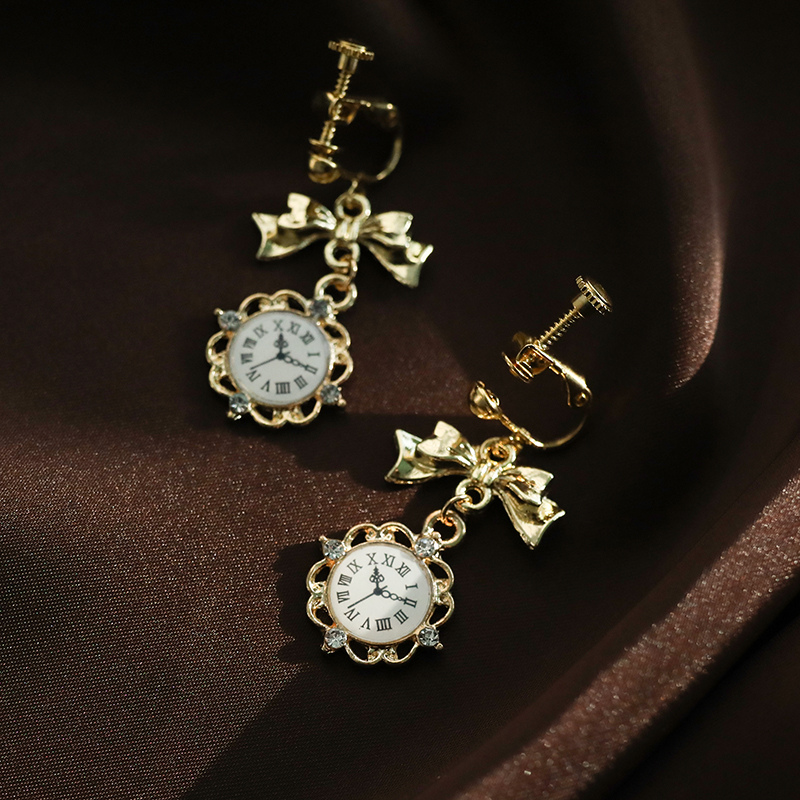 蝴蝶結時鐘耳環設計耳夾 適合日常與約會 (8.3折)