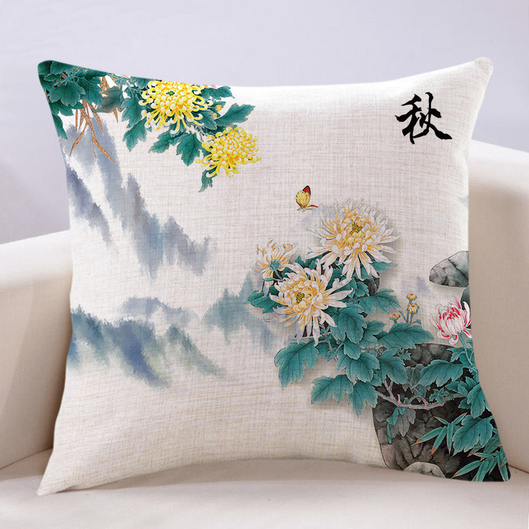 中國風水墨畫客廳抱枕 中式禪意沙發靠墊高檔紅木靠背