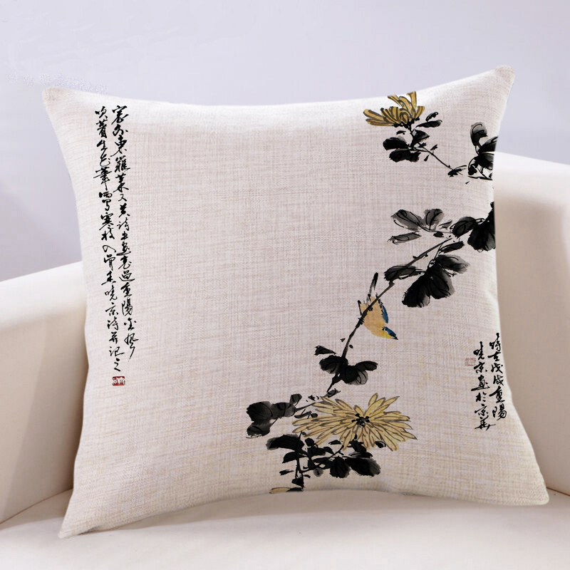 新中式中國風水墨畫抱枕菊花復古紅木傢俱客廳沙發靠墊棉麻大靠背