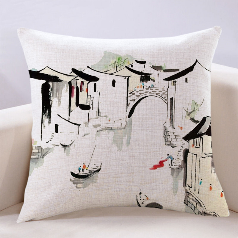 簡約風格純棉麻布中式風景抱枕 客廳靠墊沙發臥室裝飾用品