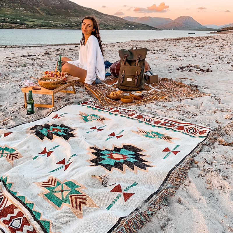 北歐風格棉質毛毯 幾何圖案裝飾春秋戶外披肩掛毯