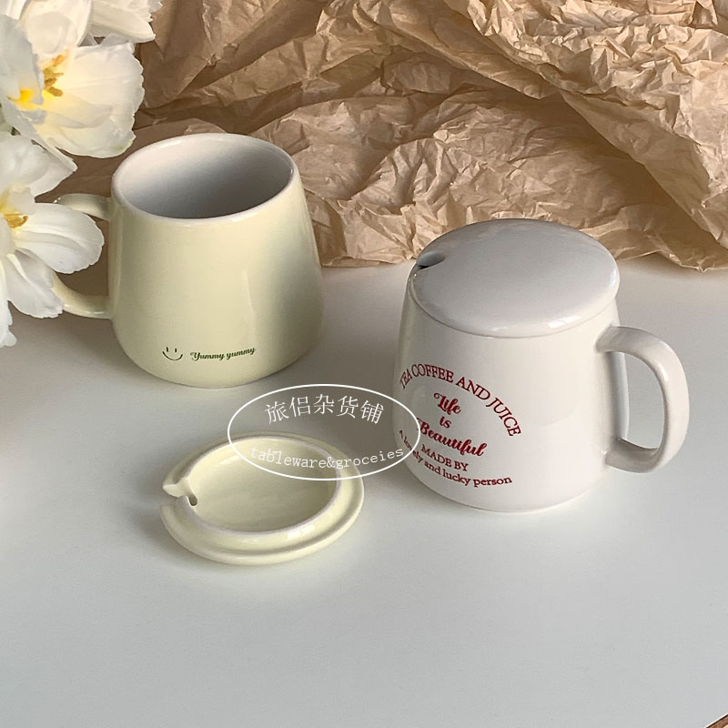 復古法式情侶馬克杯陶瓷帶蓋ins風咖啡杯茶杯 白色帶蓋馬克杯紅色字母