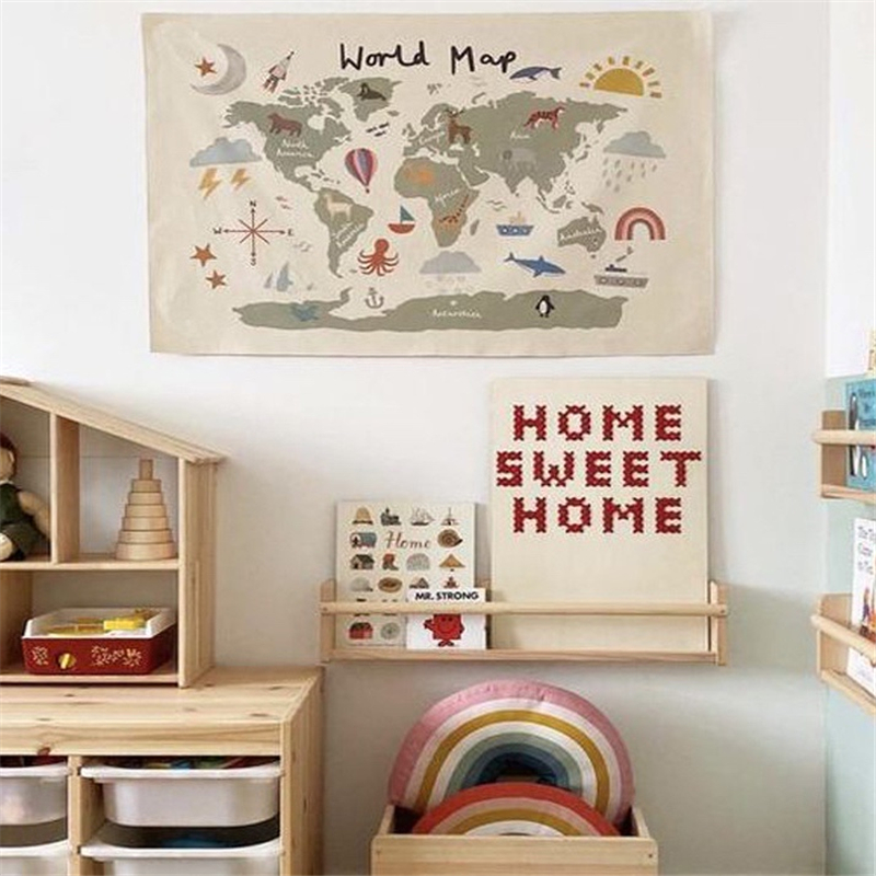 兒童房書房裝飾背景布 世界地圖帆布掛布8060cm (8.3折)