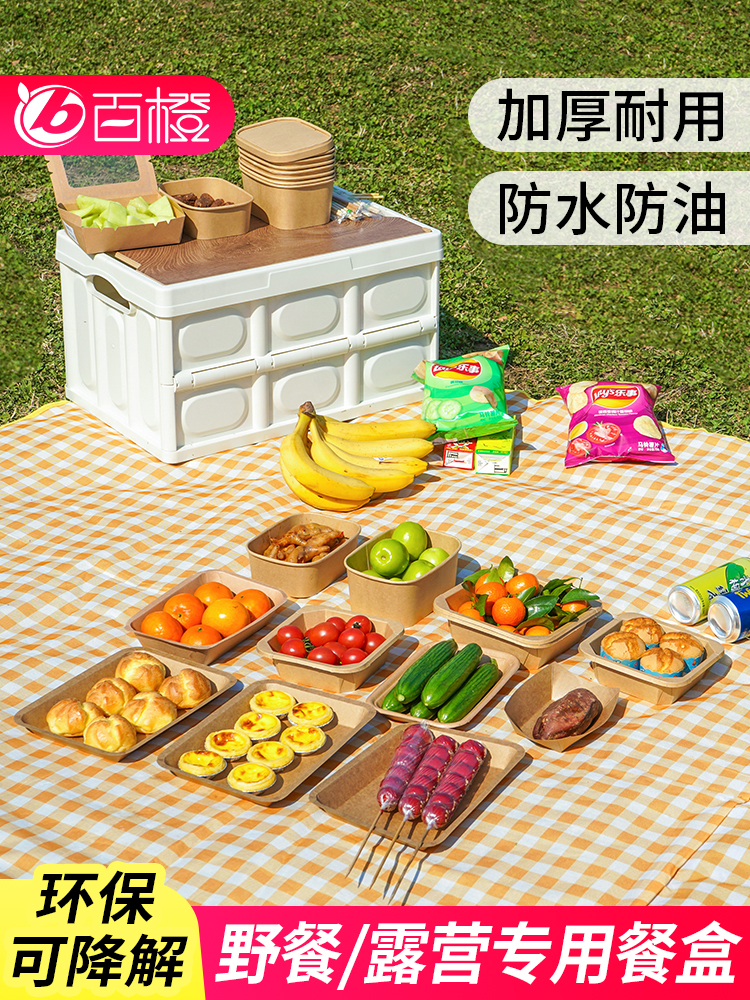 野餐打包盒  一次性環保牛皮紙家用餐盒碗竹筷託盤戶外露營餐具套裝 (2.7折)