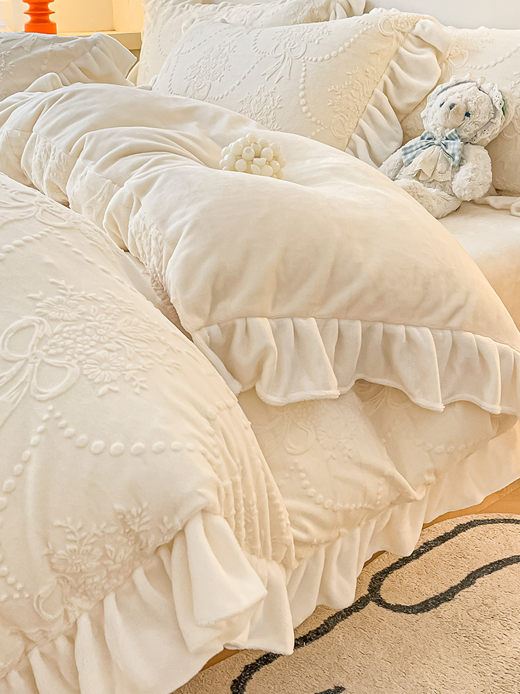 冬季加厚雕花絨床上四件套 柔軟舒適牛奶絨床單被套 保暖加厚三件套 雙面珊瑚絨床品