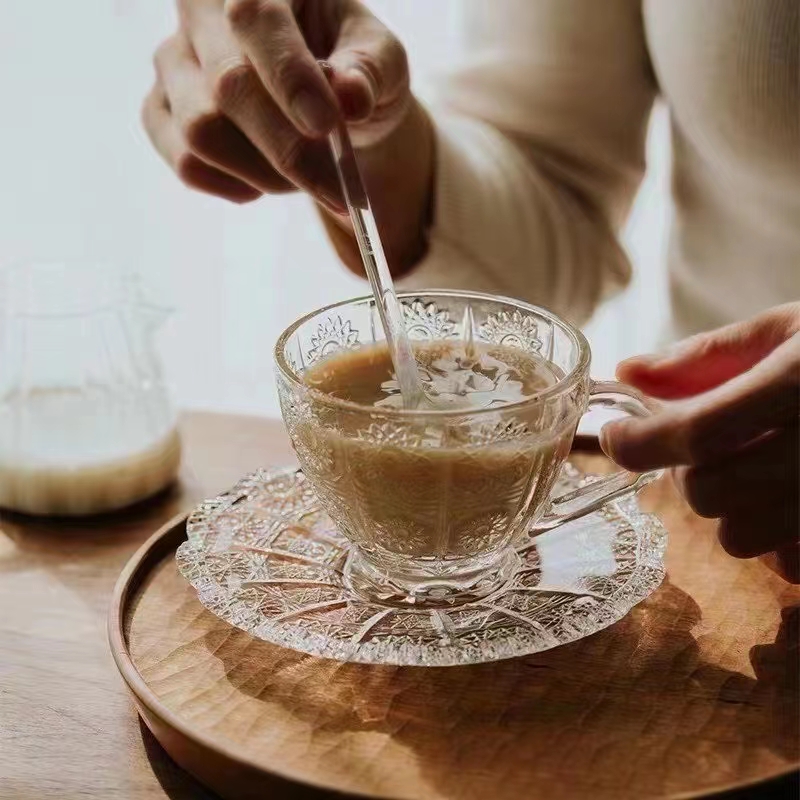 高雅歐式水晶玻璃杯碟套裝奶茶早餐咖啡杯帶碟精緻水杯茶杯 (8.3折)