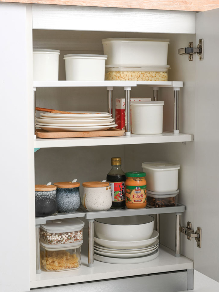 日式風格免打孔可伸縮分層收納角架廚房置物架碗碟調味架