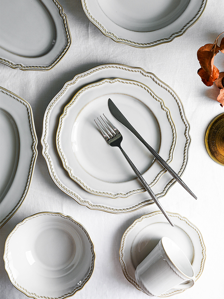 北歐風格牛排餐盤 法式復古平盤套裝 餐具套裝 家用陶瓷盤