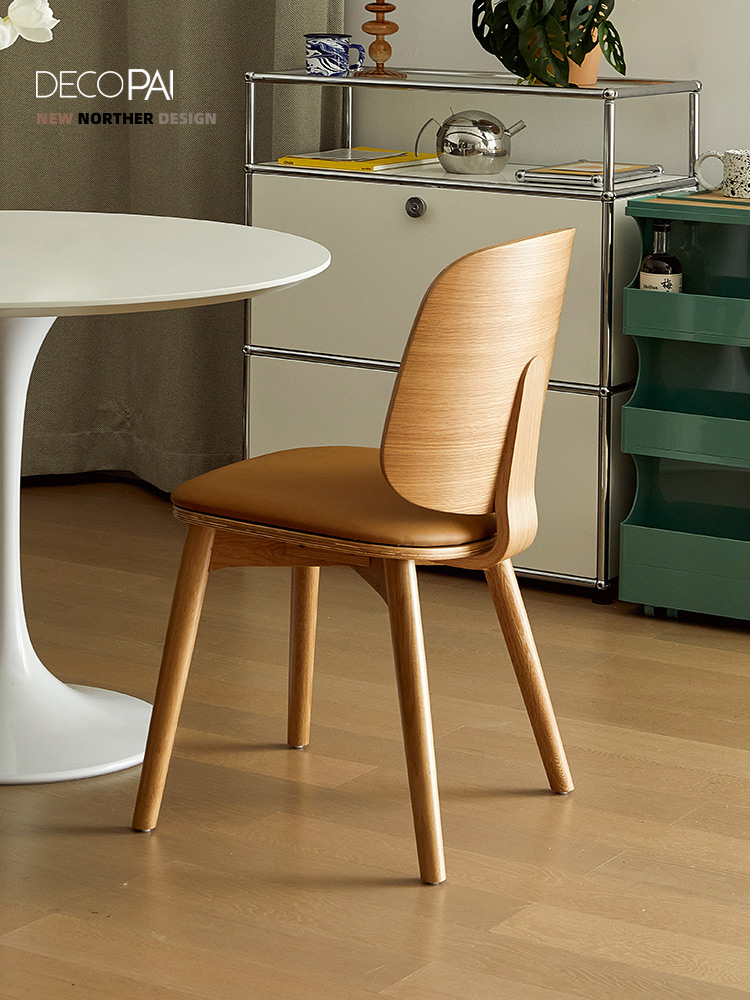 北歐設計師餐椅實木靠背侘寂軟包坐墊原木咖啡厛會客洽談椅子皮椅