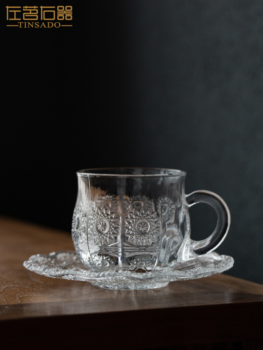 北歐風手作玻璃咖啡杯碟組浮雕花紋裝飾復古高顏值加厚水杯