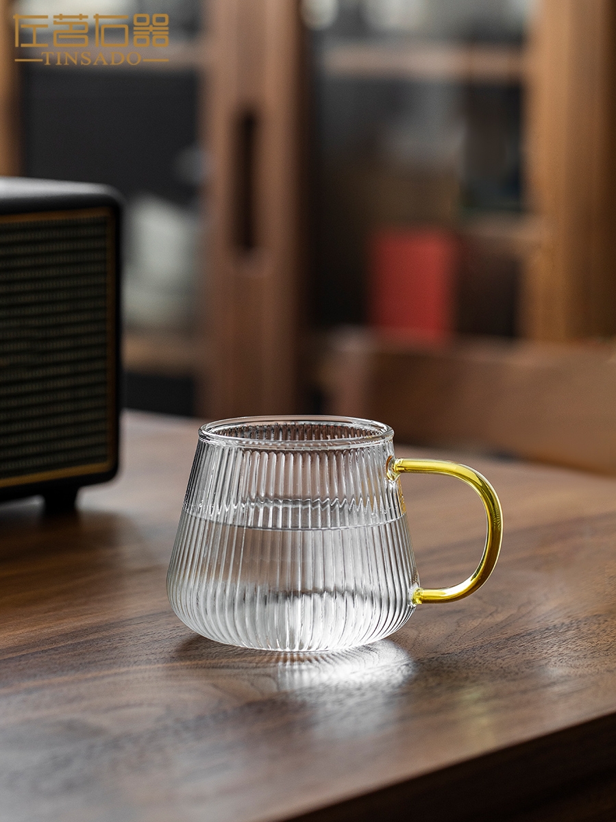 日式純色耐熱玻璃杯適合辦公室居家使用有把手大容量600ml可選帶蓋或單隻