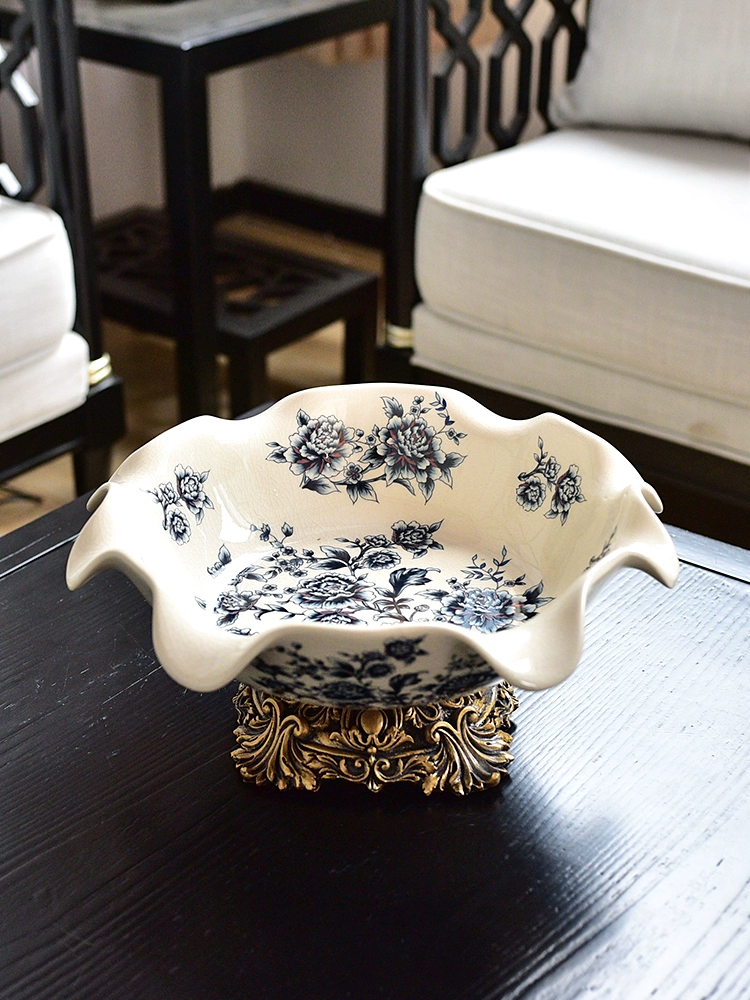 新中式青花瓷陶瓷果盤 美式復古客廳大號果盤乾果盤收納茶几擺件
