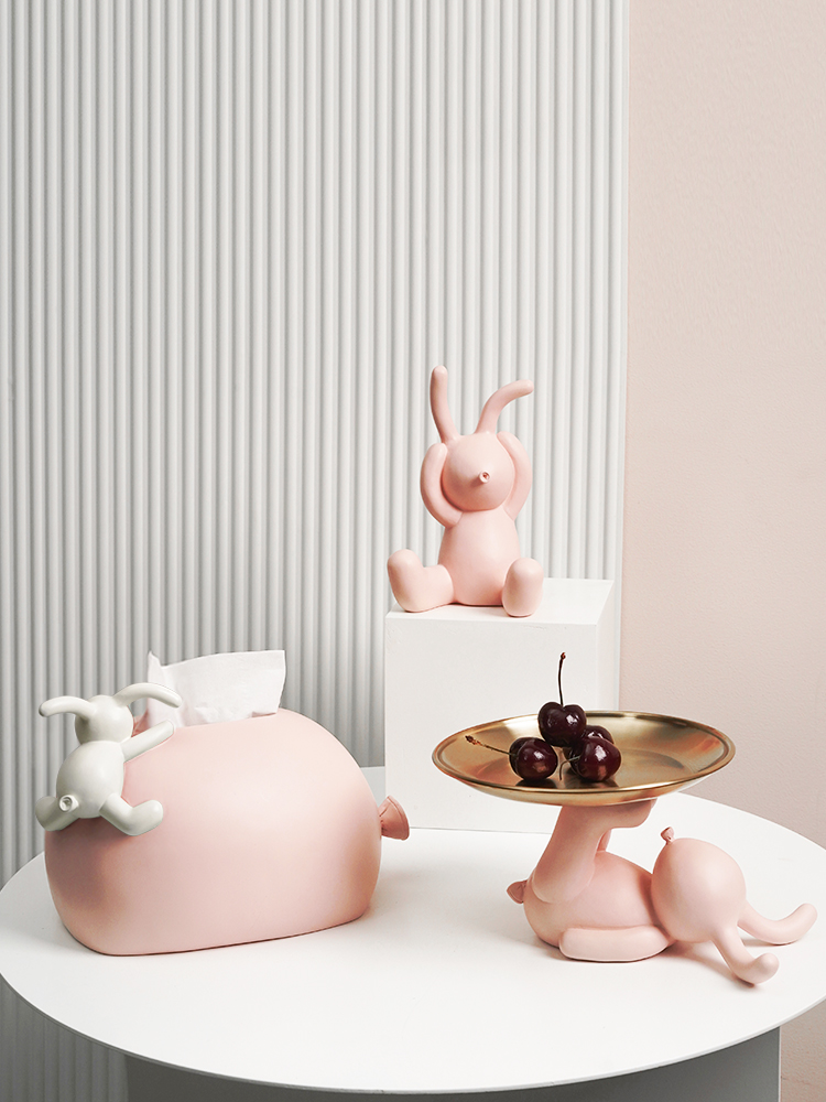 北歐風兔子擺件裝飾客廳桌面小動物樹脂收納盤託盤紙巾盒