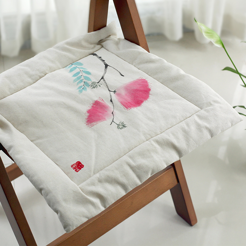 新中式風手繪棉麻布坐墊可綁帶可拆洗適用辦公室家用餐廳茶室