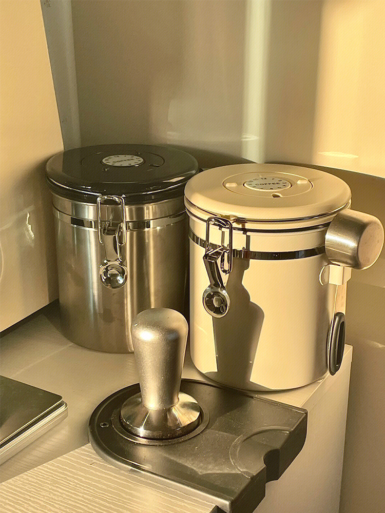 北歐風不鏽鋼密封咖啡粉儲存罐 單向排氣閥帶勺呼吸罐