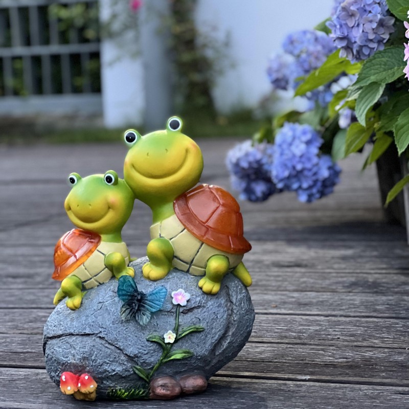 創意卡通樹脂庭院燈雙球精靈烏龜兔子騎烏龜防水花園裝飾擺件