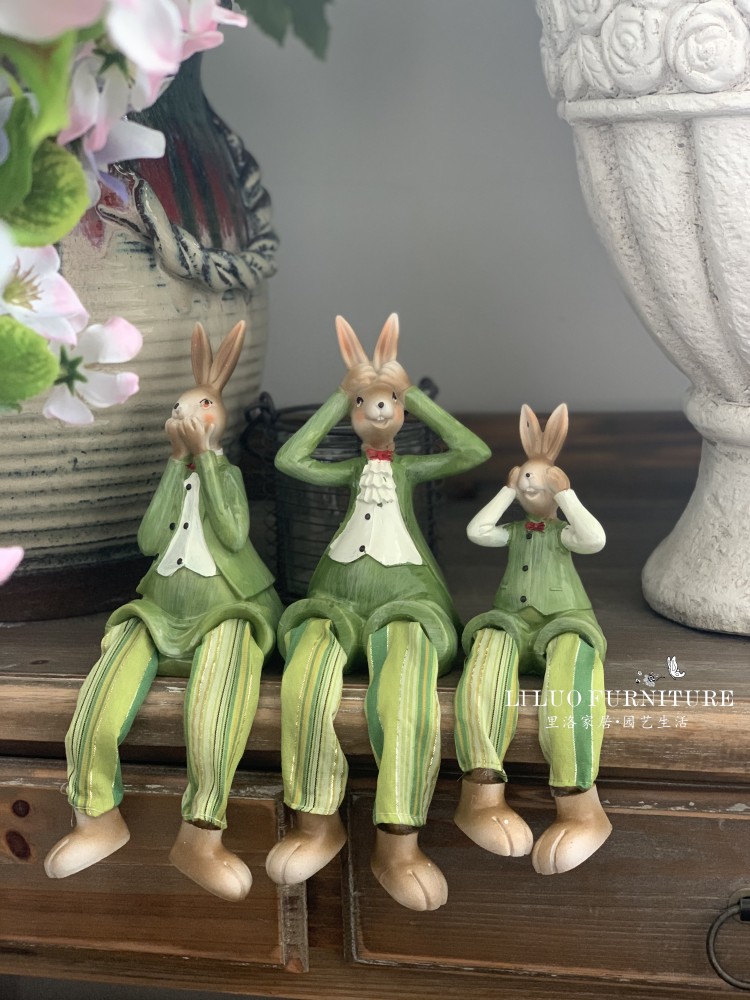 田園風樹脂三不兔子吊腳娃娃擺件 客廳臥室家居裝飾品
