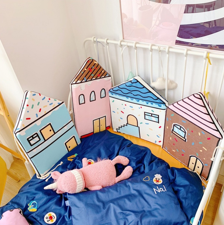 ins風寶寶羢嬰兒牀牀圍防撞頭防護欄卡通北歐可愛小房子軟包裝飾