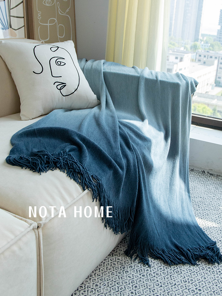 北歐時尚地中海風毯 臥室漸變色毯 流蘇款簡約風毛巾毯