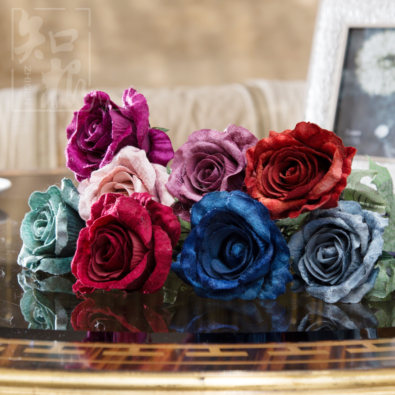 歐式復古絨布玫瑰假花裝飾餐桌花卉大朵 仿真花乾燥花家居擺設 裝飾花束花卉